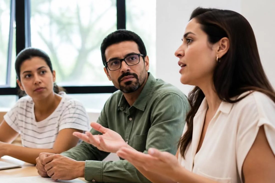 Participante falando em pé enquanto o restante da turma acompanha sentado