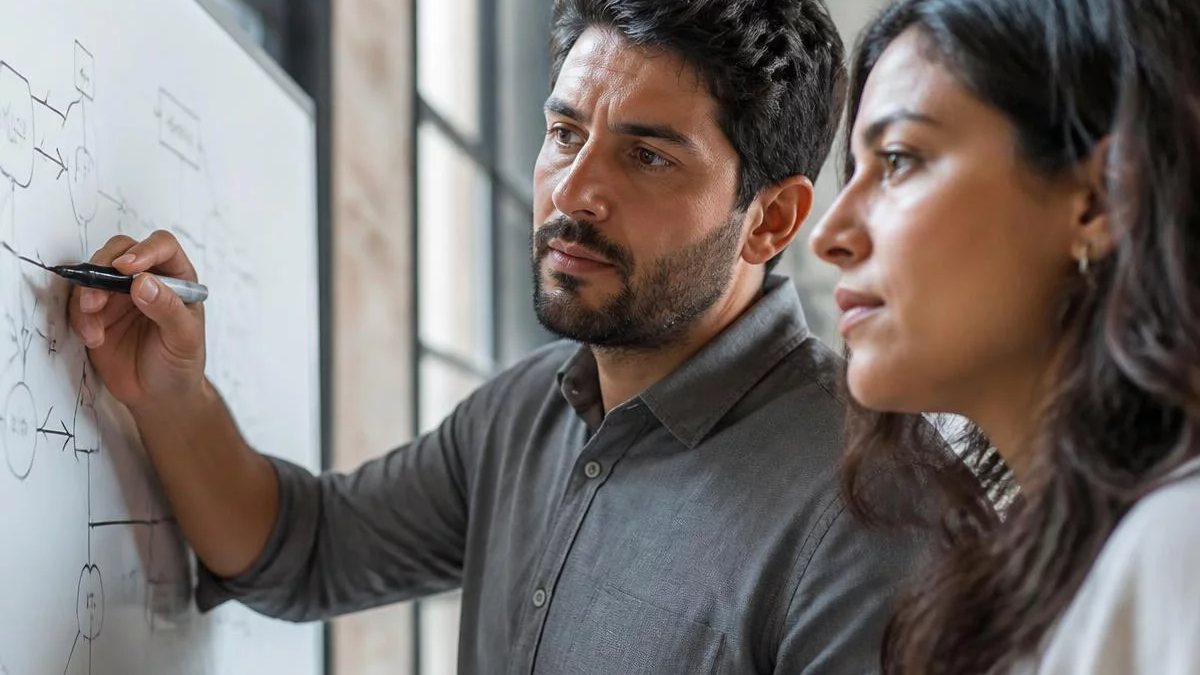 Duas participantes de pé diante do quadro branco, montando um argumento a caneta