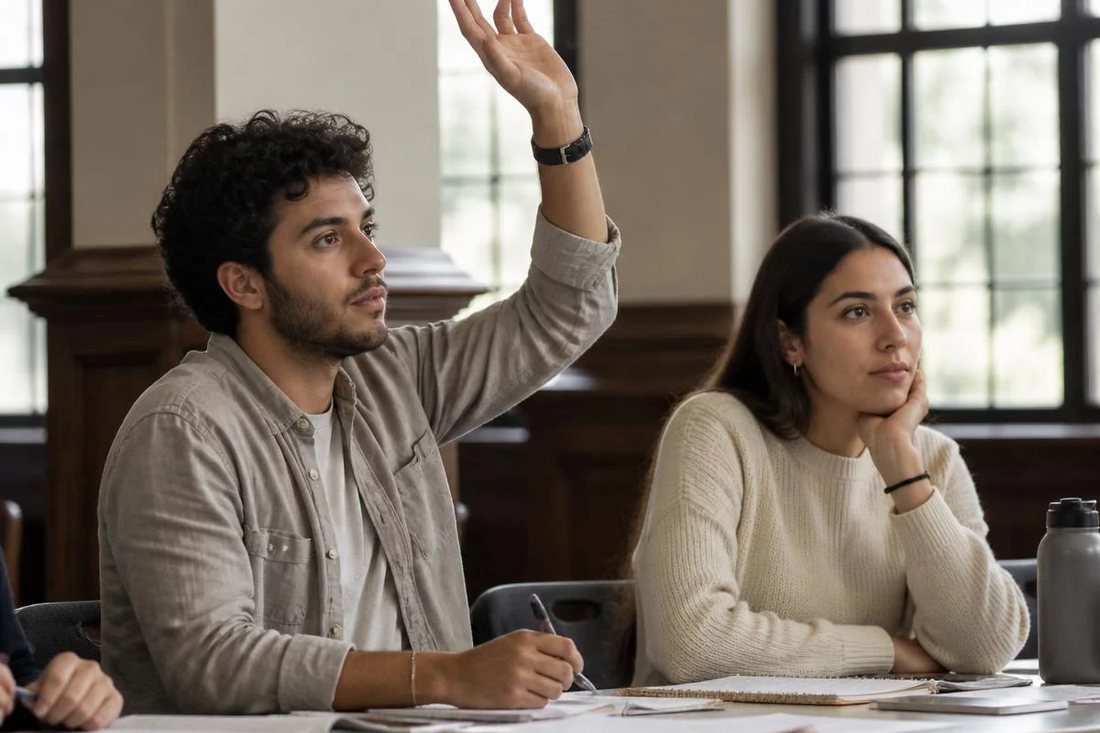 Facilitador em pé apontando para um argumento escrito no quadro durante a sessão